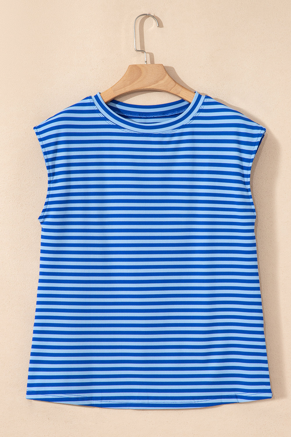 Sky Blue Stripe Ribbed Cap Sleeve Round Neck T Shirt - Snoopy's Closet