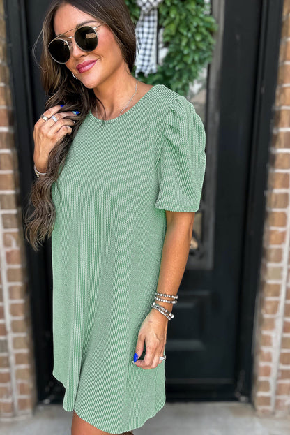 Mint Green Corded Knit Crew Neck Puff Sleeve Shift Mini Dress - Snoopy's Closet