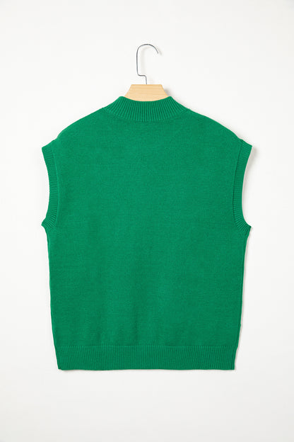 Bright Green Corded Horseshoes Ribbed Trim Mock Neck Short Sleeve Sweater