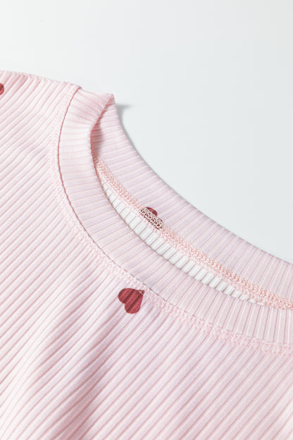 Light Pink Valentine Heart Shape Print Ribbed Knit Short Lounge Set - Snoopy's Closet
