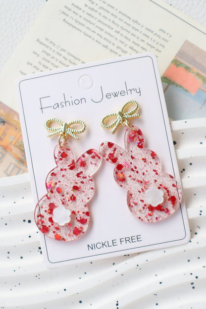 Fiery Red Clear Easter Bunny Bowknot Studded Earrings - Snoopy's Closet
