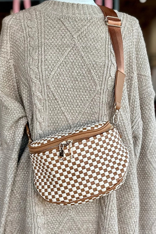 Straw Yellow Checkerboard Woven Zip Crossbody Bag - Snoopy's Closet