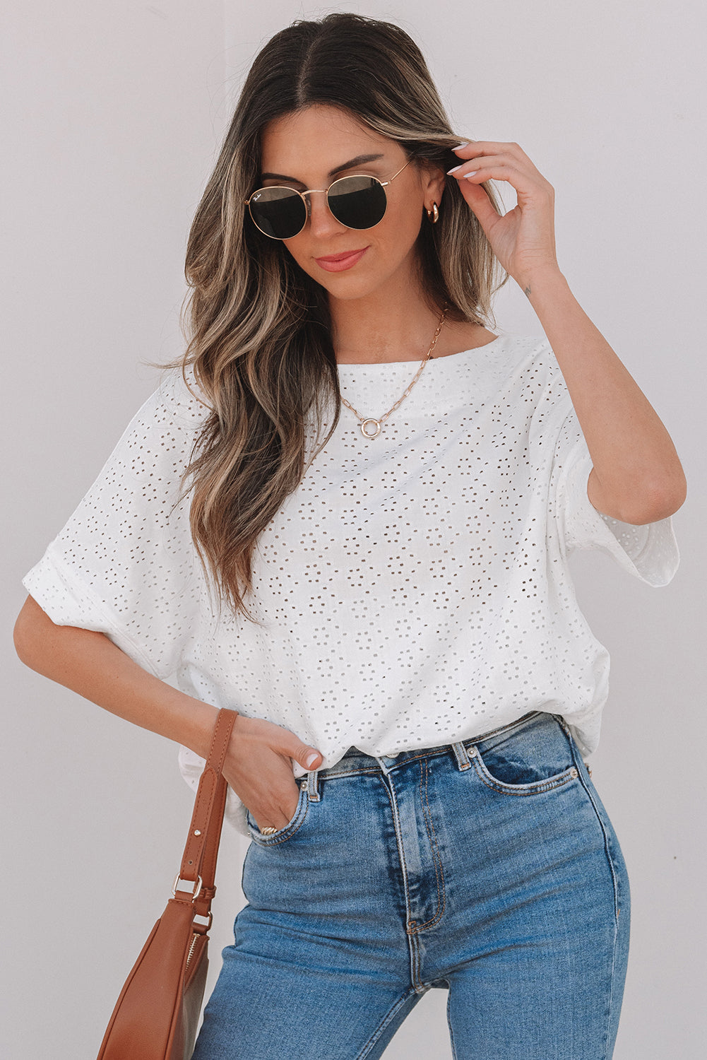 White Eyelet Pattern Boat Neck Casual Tee - Snoopy's Closet