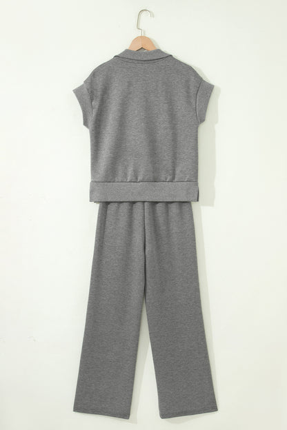 Gray Half Zip Polo Tee Casual Pant Set - Snoopy's Closet
