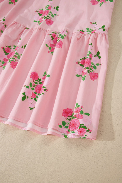 Pink Notched Neck Flutter Short Sleeve Floral Print Maxi Dress - Snoopy's Closet
