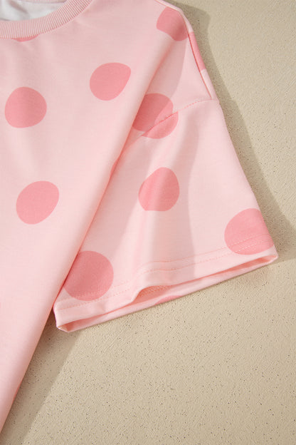 Pink Polka Dot Print Loose Tee Drawstring Elastic Waist Short Set - Snoopy's Closet
