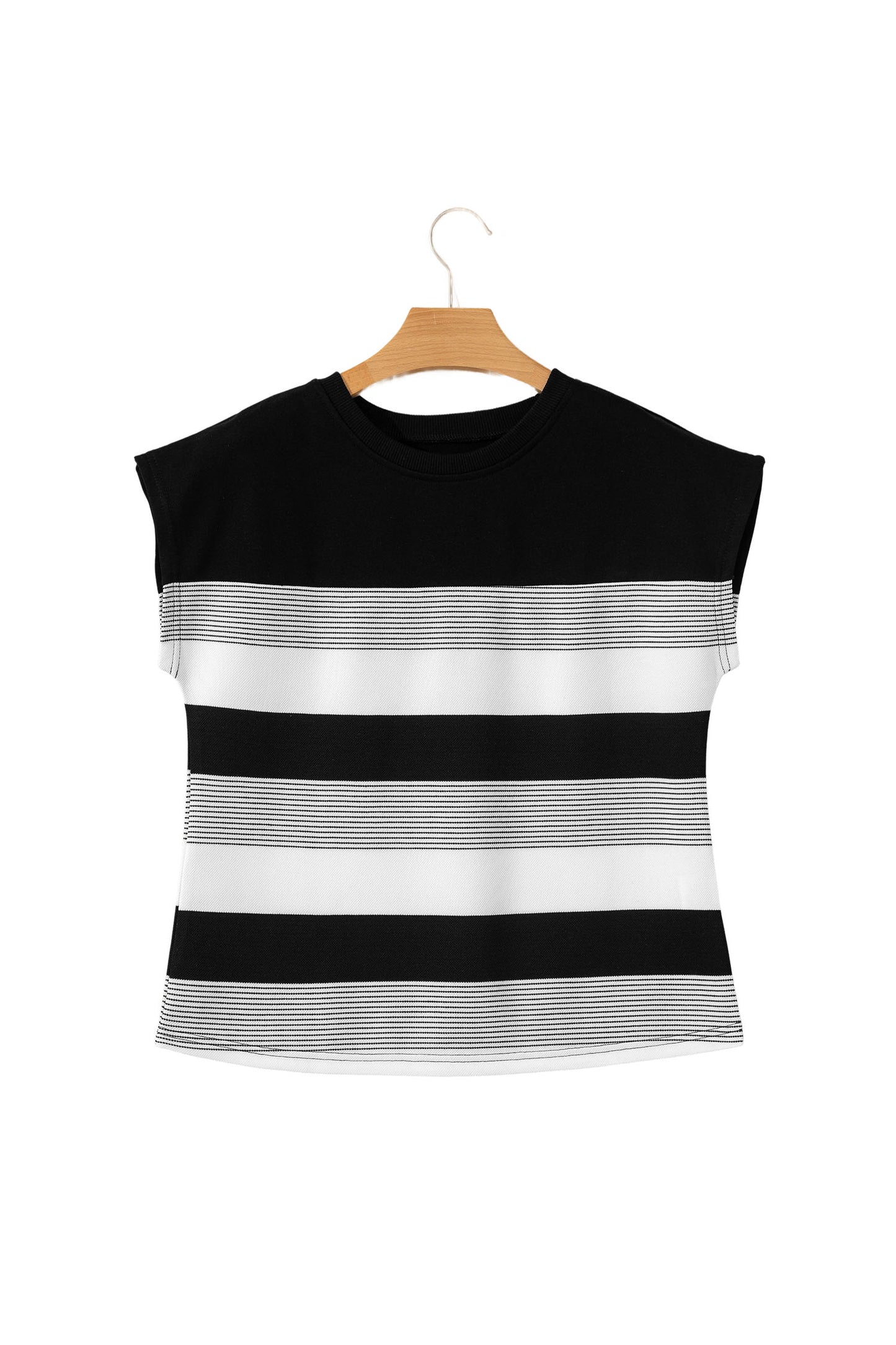Black Stripe Mixed Print Crew Neck Cap Sleeve T Shirt - Snoopy's Closet