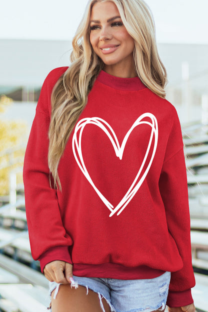 Racing Red Valentines Day Heart Love Script Reversible Printed Double Wear Mock Neck Sweatshirt - Snoopy's Closet