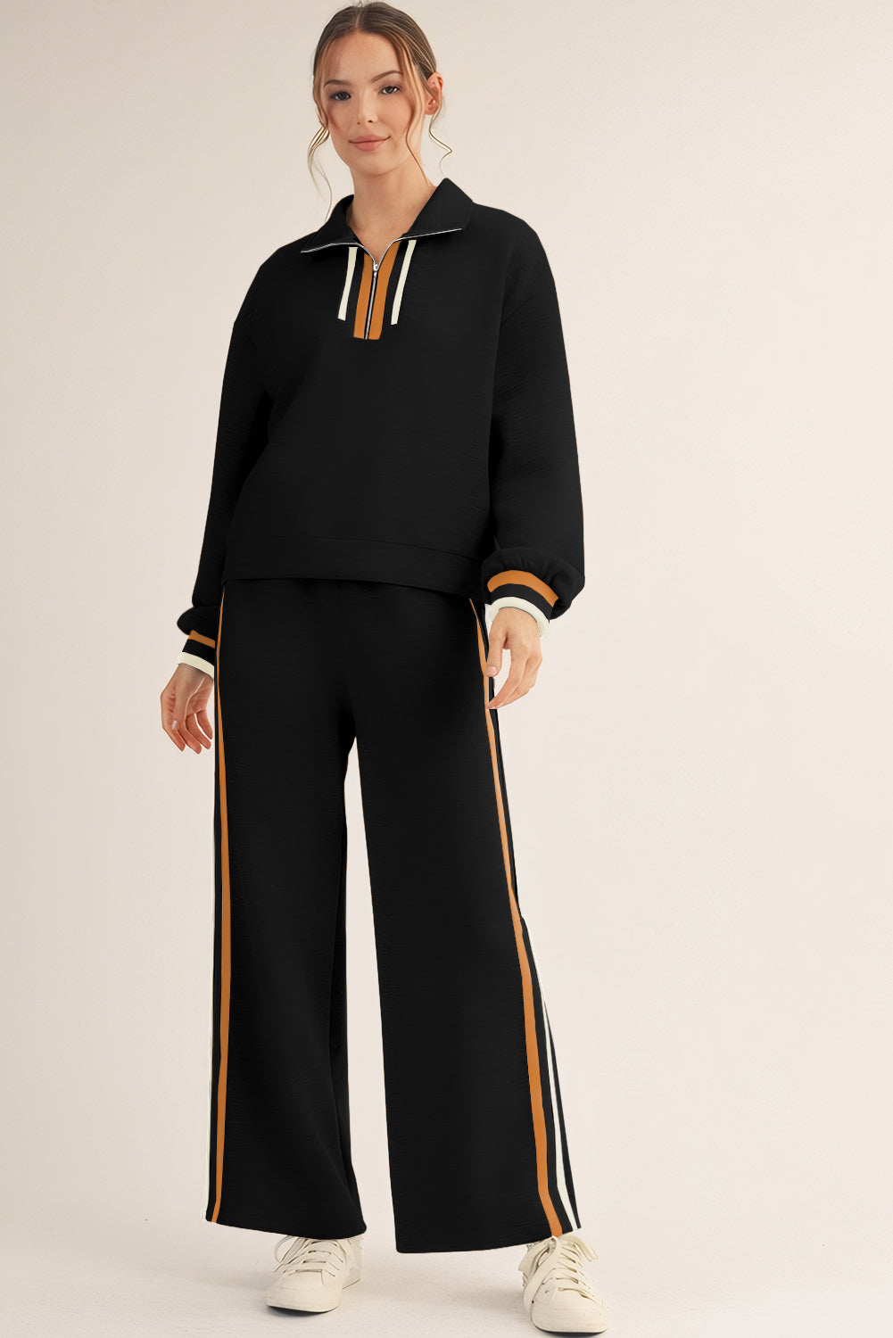 Gray Striped Patchwork Quarter Zip Pullover Loose Pant Set - Snoopy's Closet