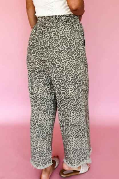 Pantalones Vaqueros Estampado Leopardo Marrón con Bajo Deshilachado y Cintura Elástica Sueltos