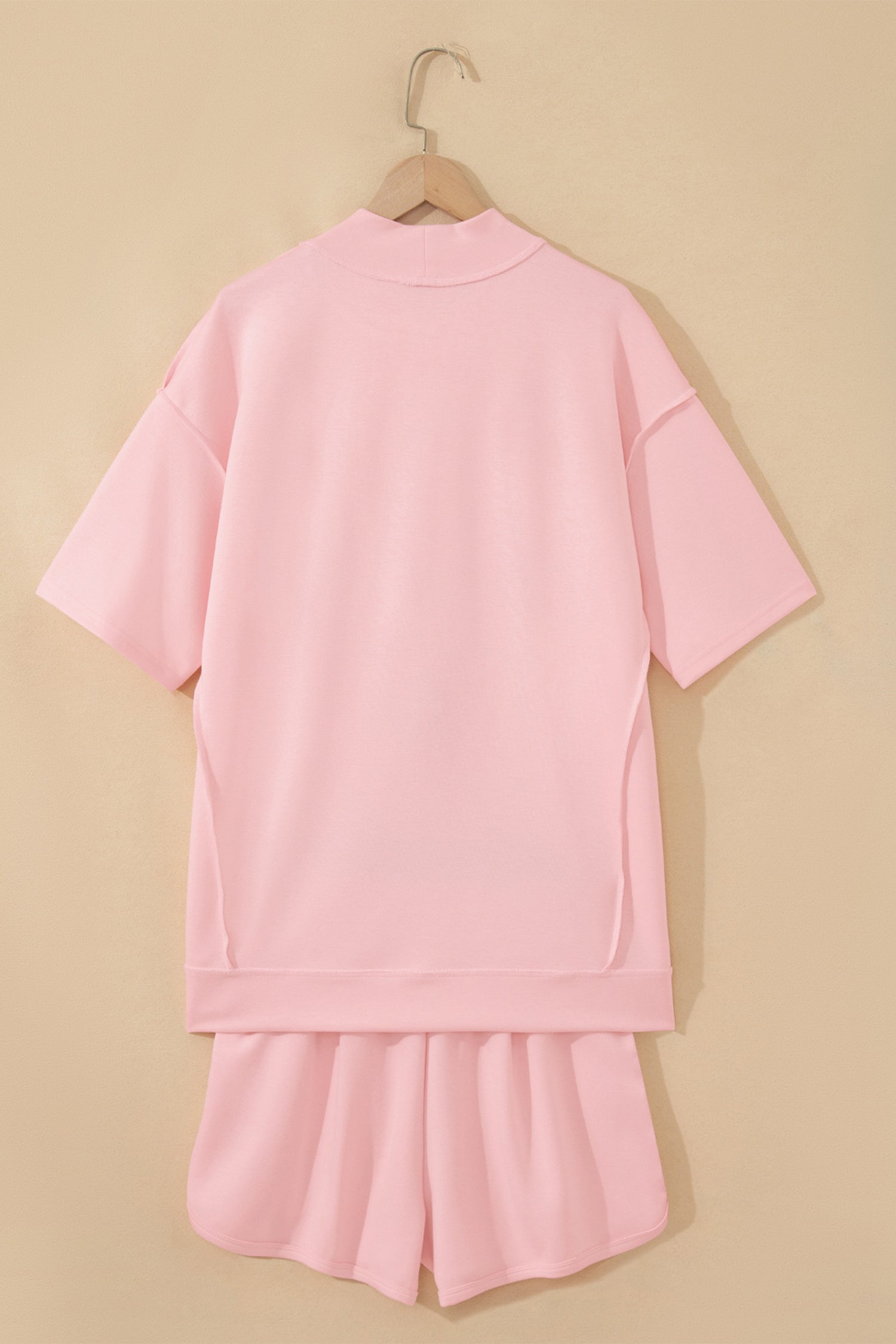 Moonlight Jade Solid Color Exposed Seam Mock Neck Oversize Tee Casual Shorts 2pcs Outfit - Snoopy's Closet