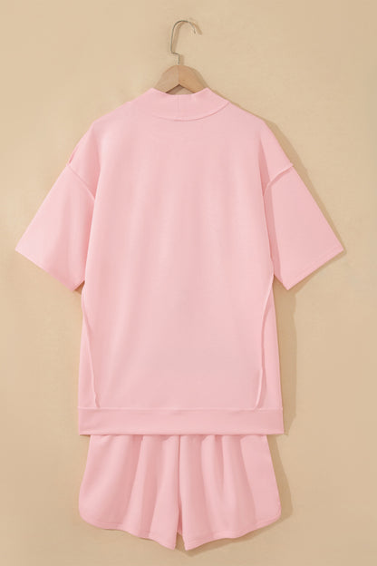 Moonlight Jade Solid Color Exposed Seam Mock Neck Oversize Tee Casual Shorts 2pcs Outfit - Snoopy's Closet