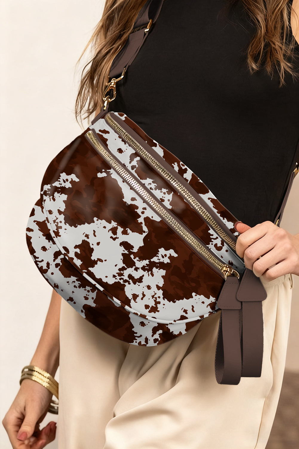 Coffee Cow Spots Printed Double Zip Crossbody Bag - Snoopy's Closet