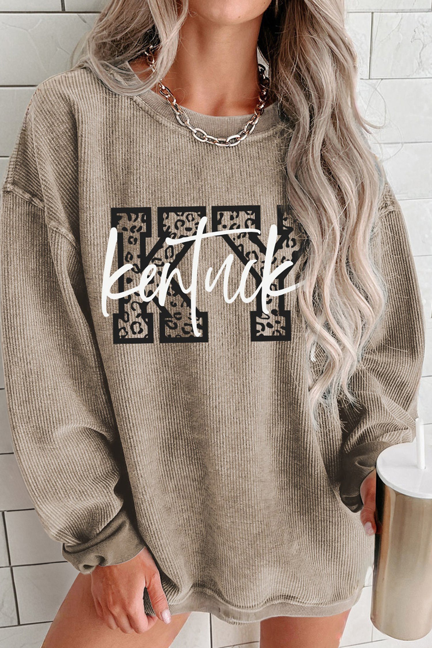 Khaki Kentucky KY Leopard Lettering Ribbed Baggy Sweatshirt - Snoopy's Closet