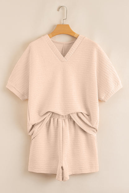 Apricot Textured V Neck T Shirt and Shorts Set - Snoopy's Closet