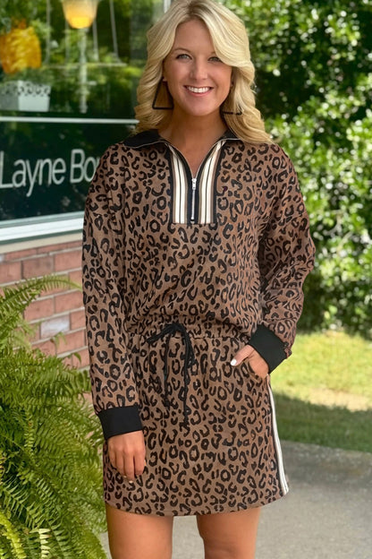 Khaki Leopard Print Quarter Zip Long Sleeve Top Mini Skirt Set - Snoopy's Closet