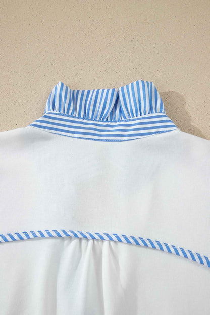 Sky Blue Striped Frilled Collar Short Sleeve Blouse