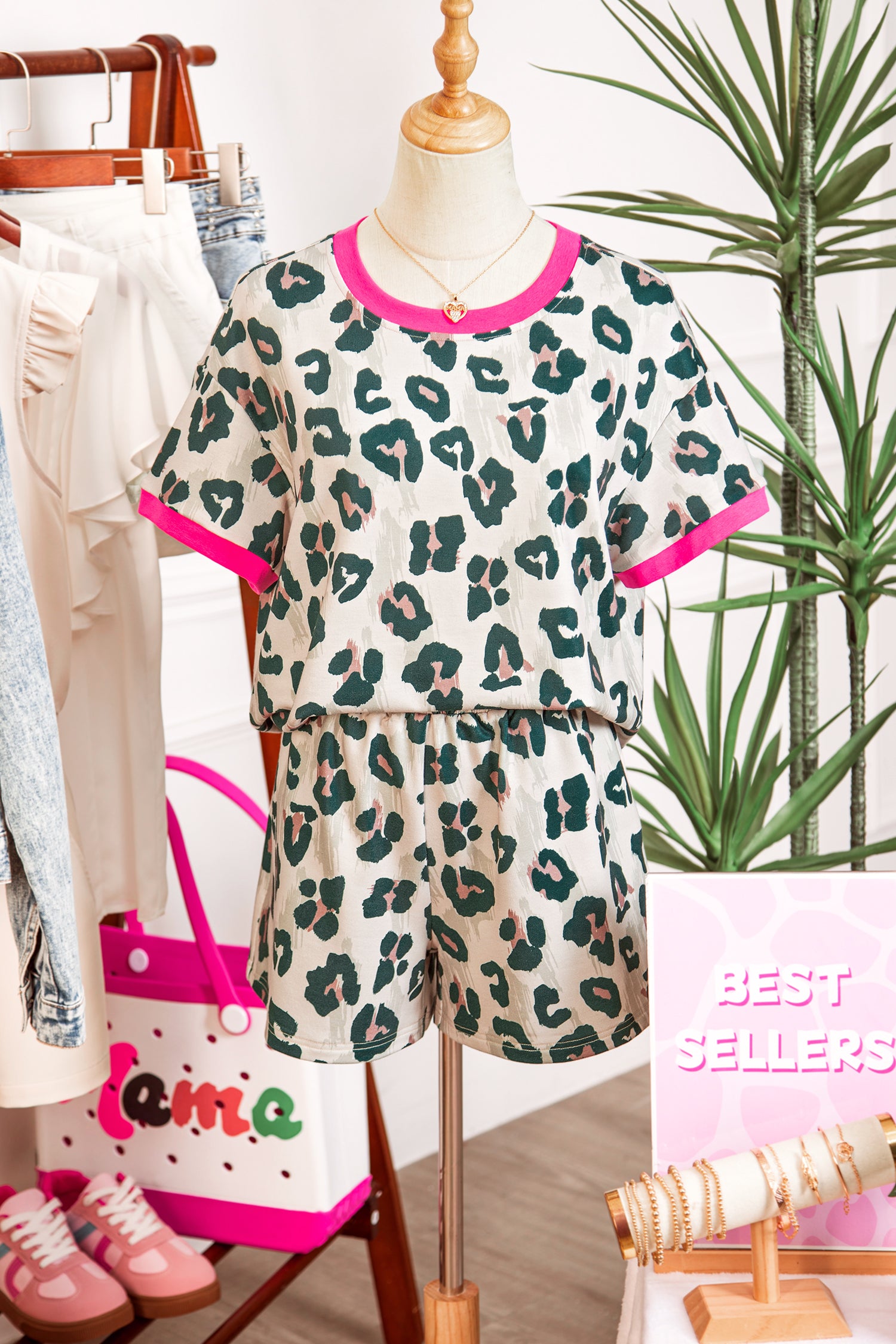Brown Unique Leopard Print Contrast Trim Top Loose 2pcs Short Set - Snoopy's Closet