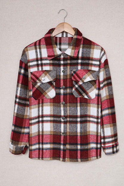 Chaqueta camisa con estampado a cuadros geométricos rojos intensos y bolsillos