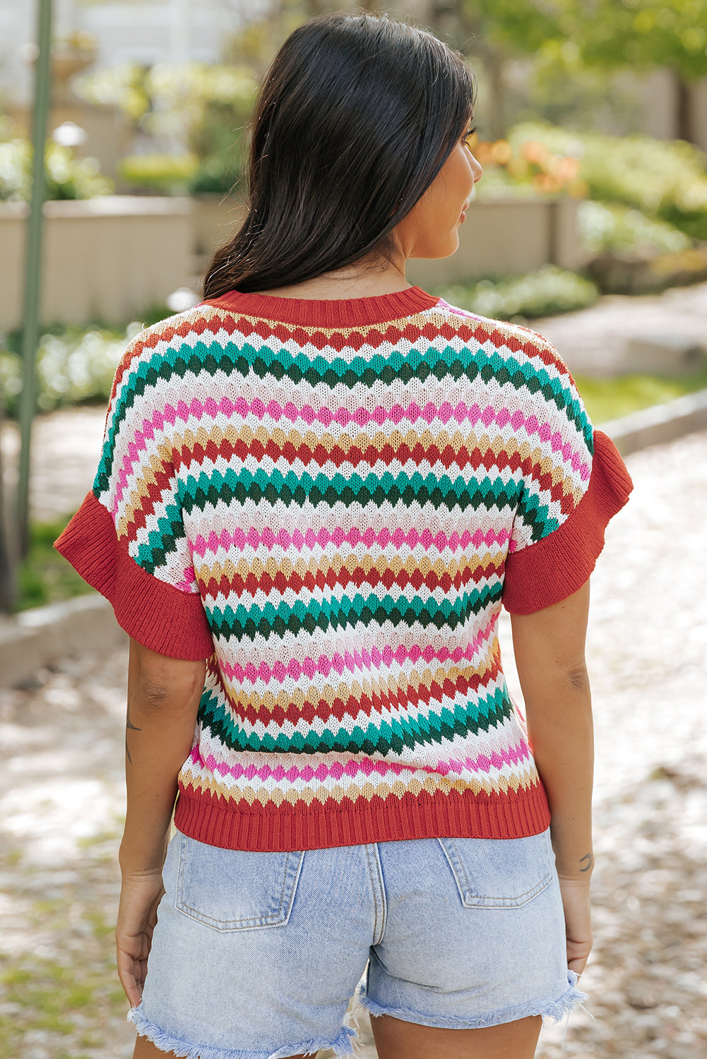 Fiery Red Trimmed Ruffle Sleeve Colorful Textured Sweater - Snoopy's Closet