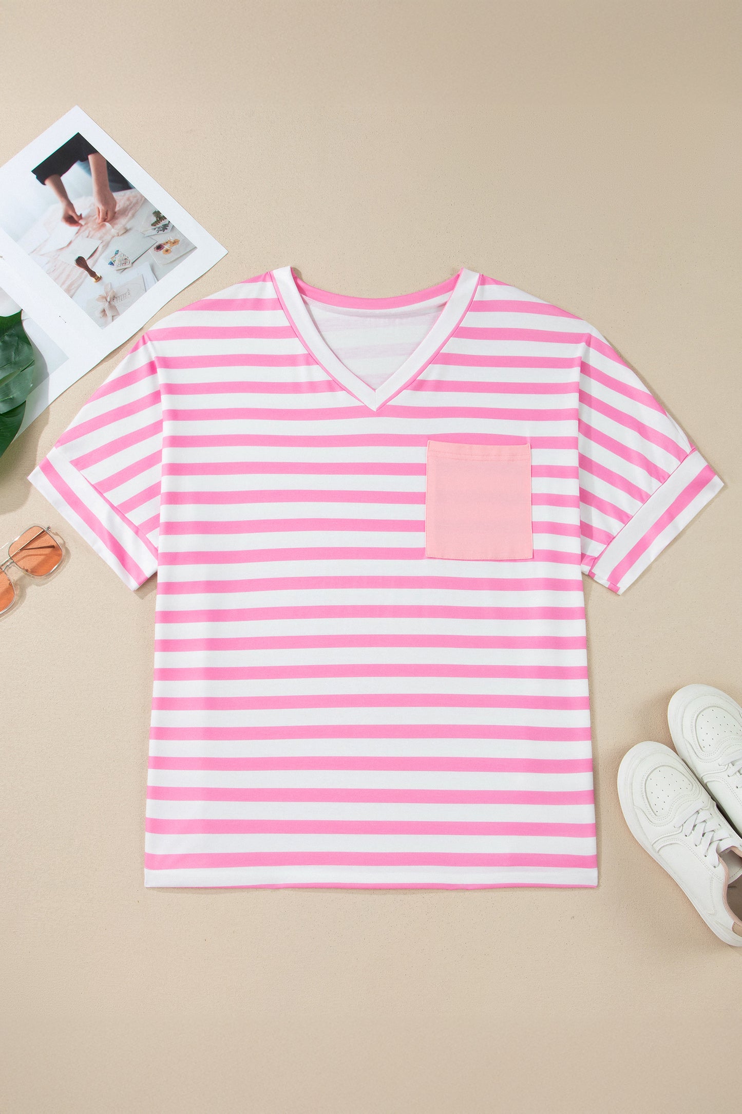 Pink Stripe Colorblock Patched Pocket V Neck Plus Size Tee - Snoopy's Closet