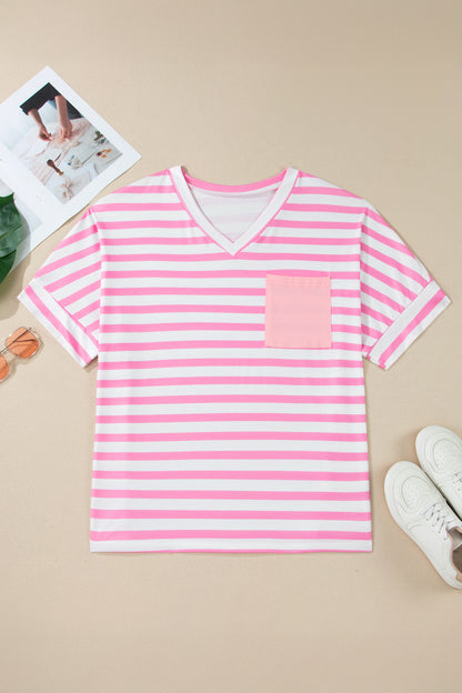 Pink Stripe Colorblock Patched Pocket V Neck Plus Size Tee - Snoopy's Closet