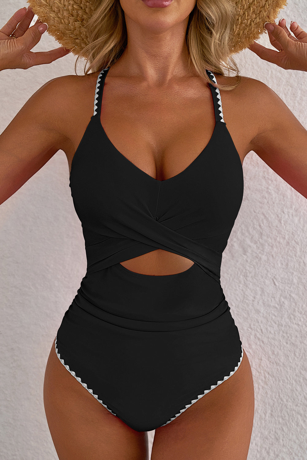 Rose Red Ric Rac Trim Contrasted Patchwork Cutout One Piece Swimsuit - Snoopy's Closet