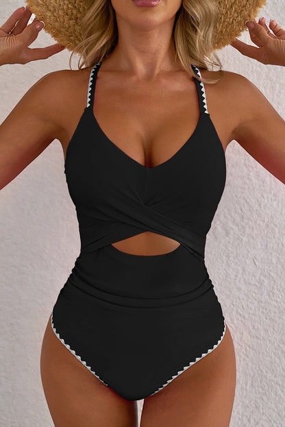 Rose Red Ric Rac Trim Contrasted Patchwork Cutout One Piece Swimsuit - Snoopy's Closet