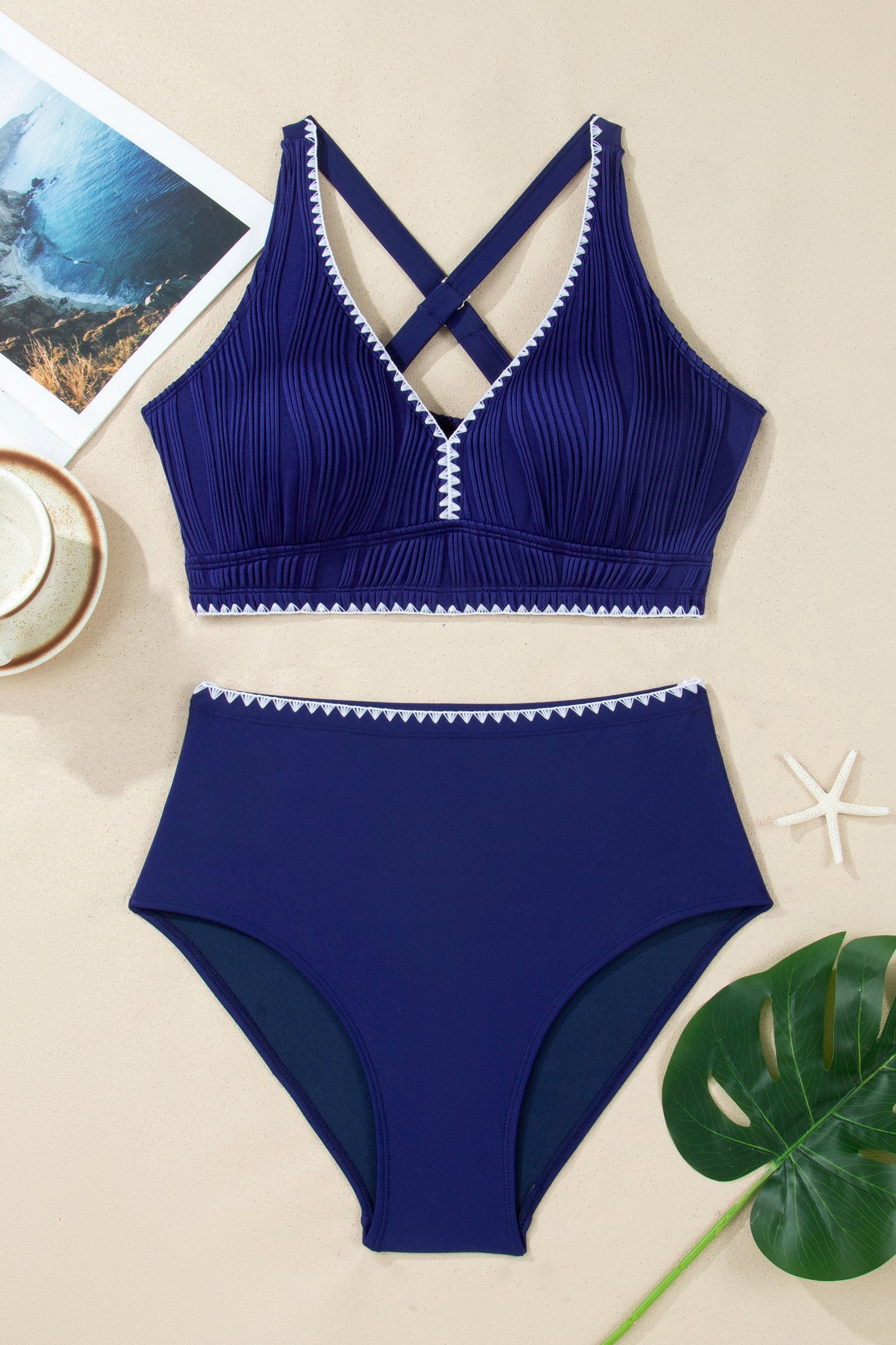 Dark Blue Shell Stitched Trim V Neck Textured Mix and Match High Waist Bikinis - Snoopy's Closet