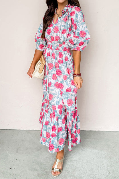 Vestido midi elegante rojo con manga abullonada y estampado floral
