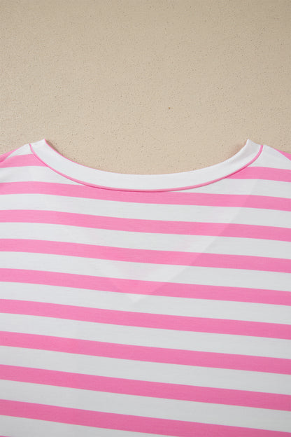 Pink Stripe Colorblock Patched Pocket V Neck Plus Size Tee - Snoopy's Closet