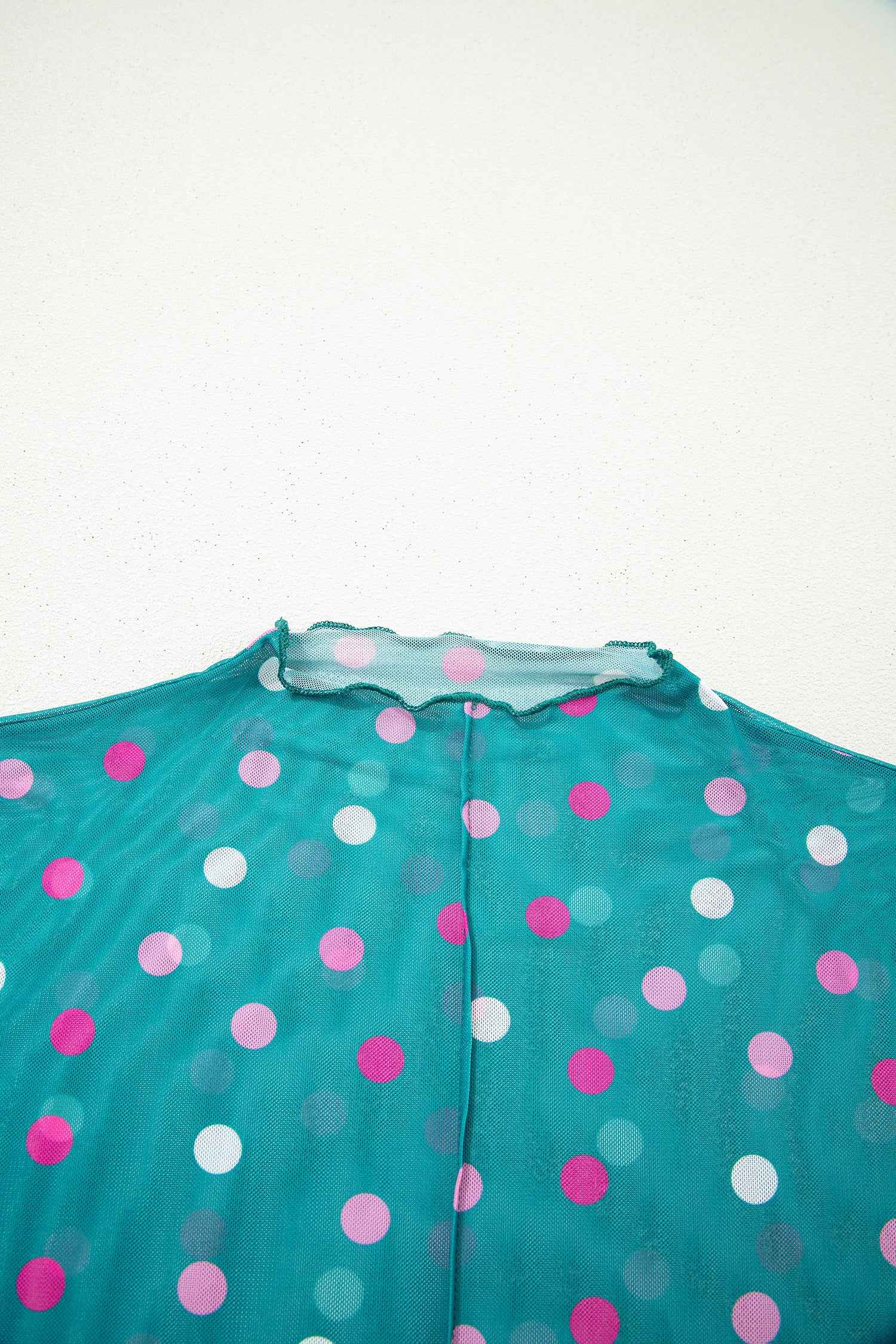 Red Polka Dot Patterned Bodycon Mock Neck Mesh Long Sleeve Top