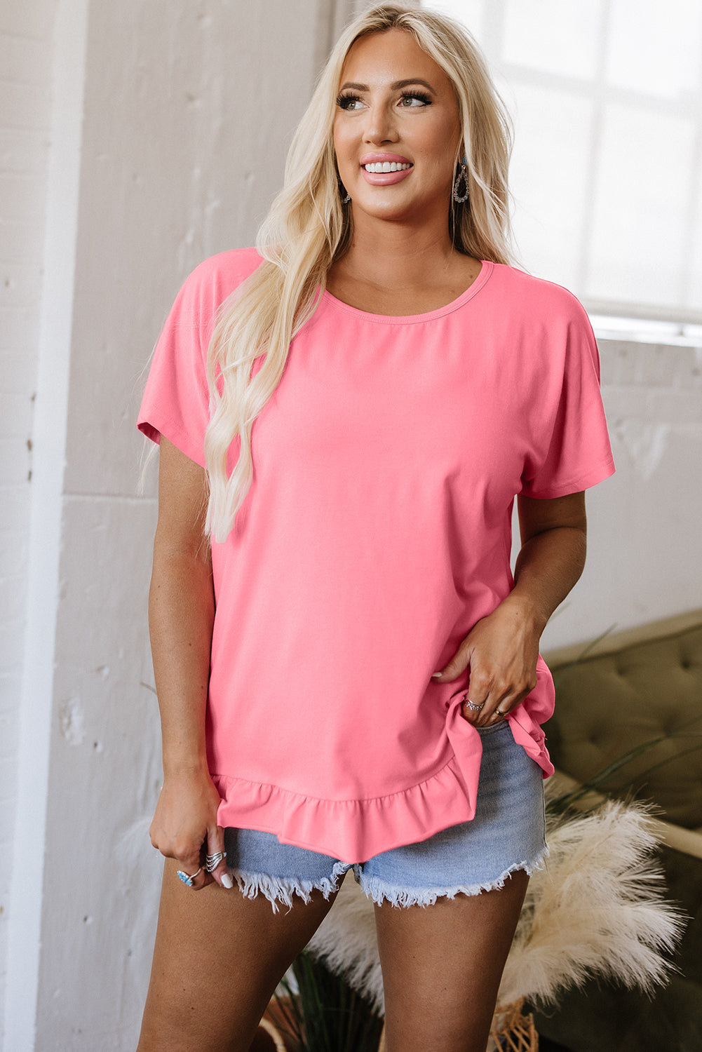 Pink Frilled Hem Loose T-Shirt - Snoopy's Closet