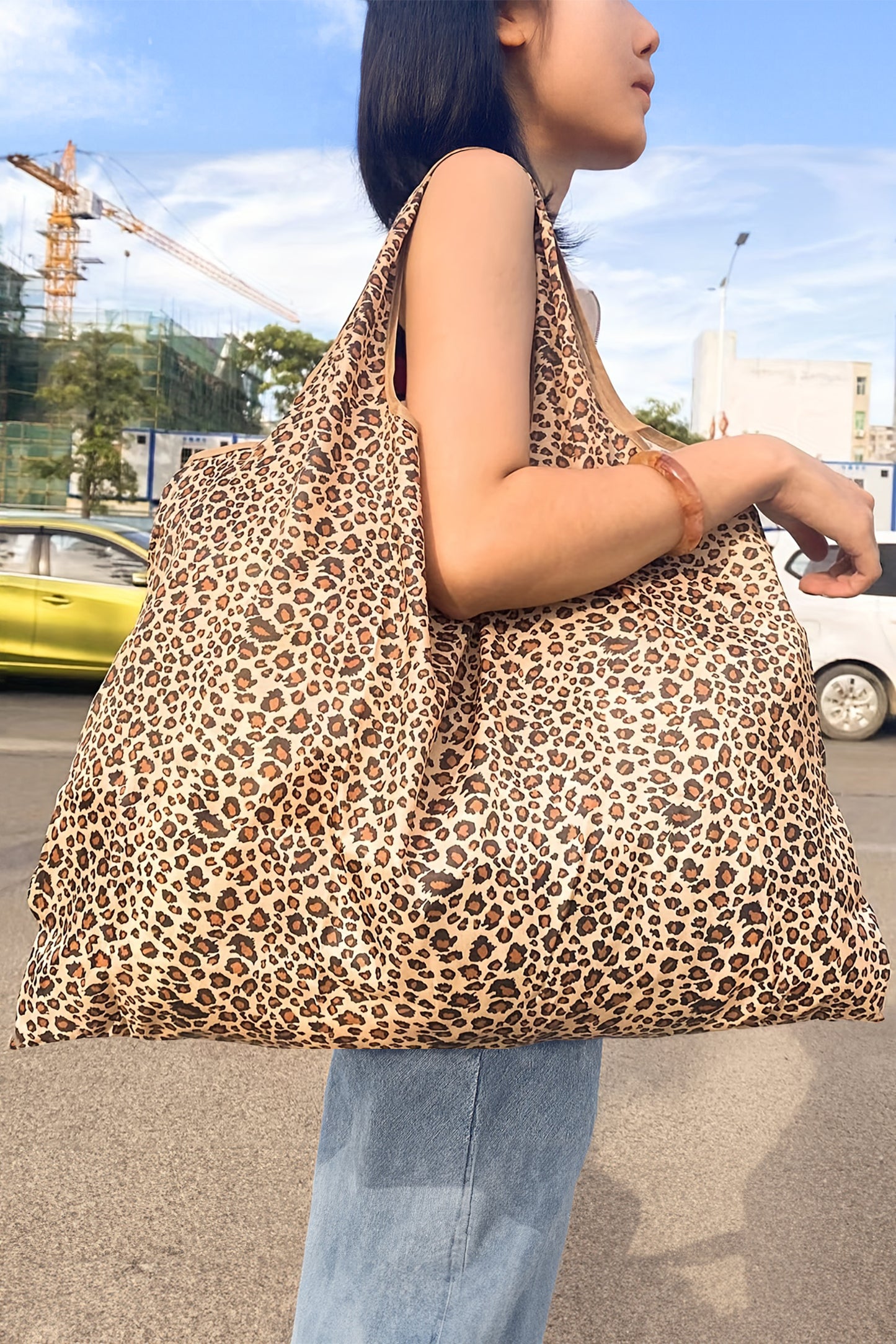 White Wild Leopard Printed Reusable Shopping Tote Bag - Snoopy's Closet