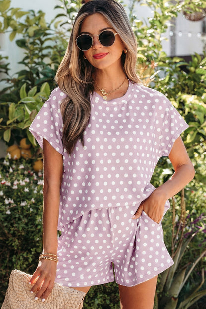 Purple Polka Dot Print Short Set - Snoopy's Closet