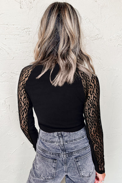 Black Leopard Mesh Patchwork Knit Long Sleeve Top - Snoopy's Closet