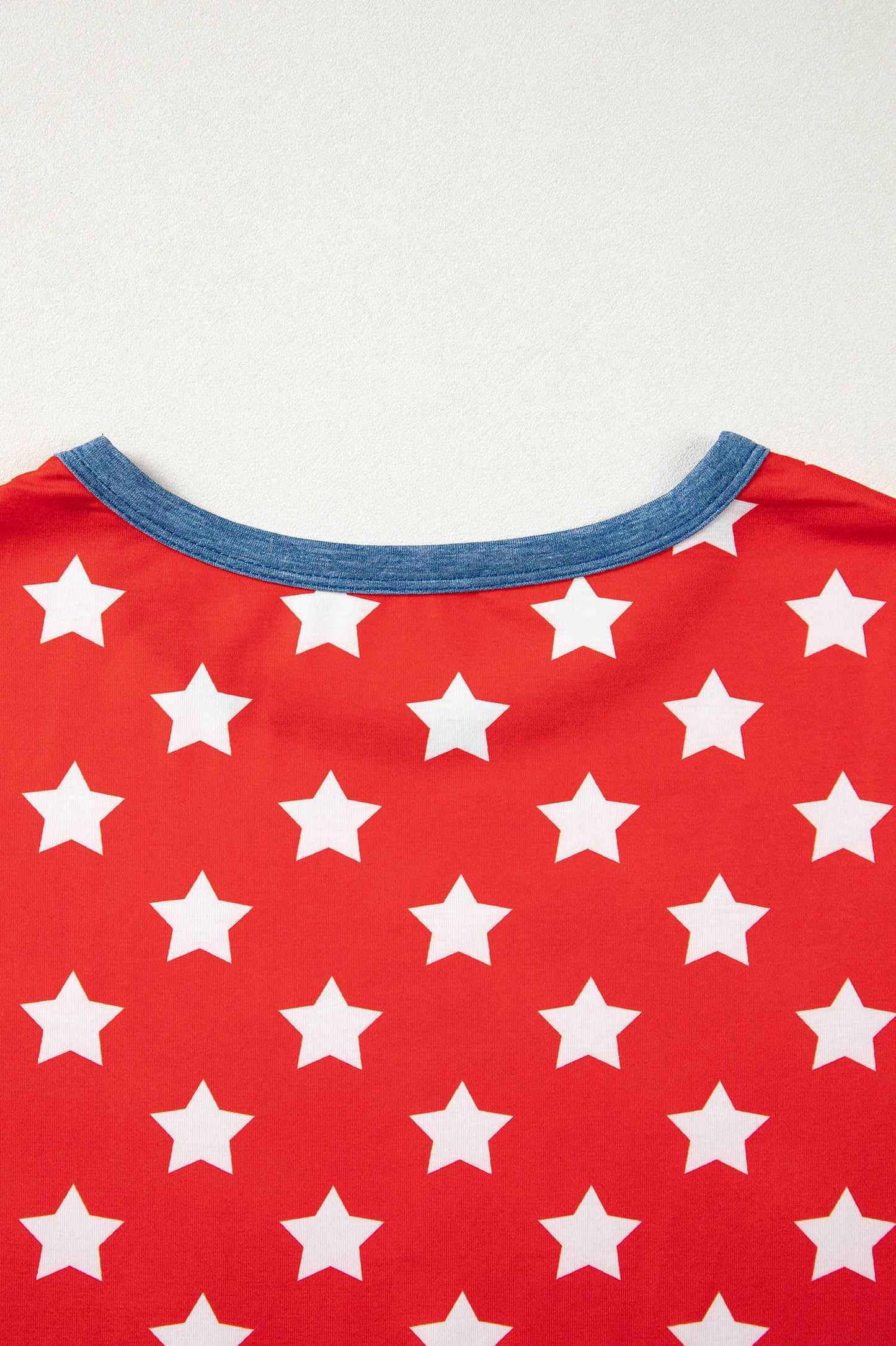 Red Stars Print Colorblock Binding Tape Collar Cuff Viscose Tunic Top