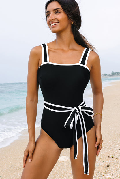 Black Colorblock Edge Belted One Piece Swimsuit - Snoopy's Closet