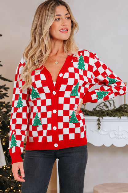 Suéter de punto cárdigan con cuello en V y estampado de árbol de Navidad a cuadros rojos