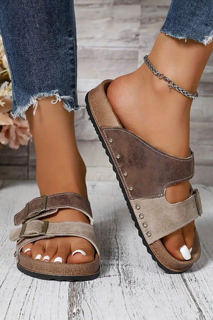 Coffee Leopard Two-tone Retro Buckle Straps Hollowed Faux Suede Slippers - Snoopy's Closet