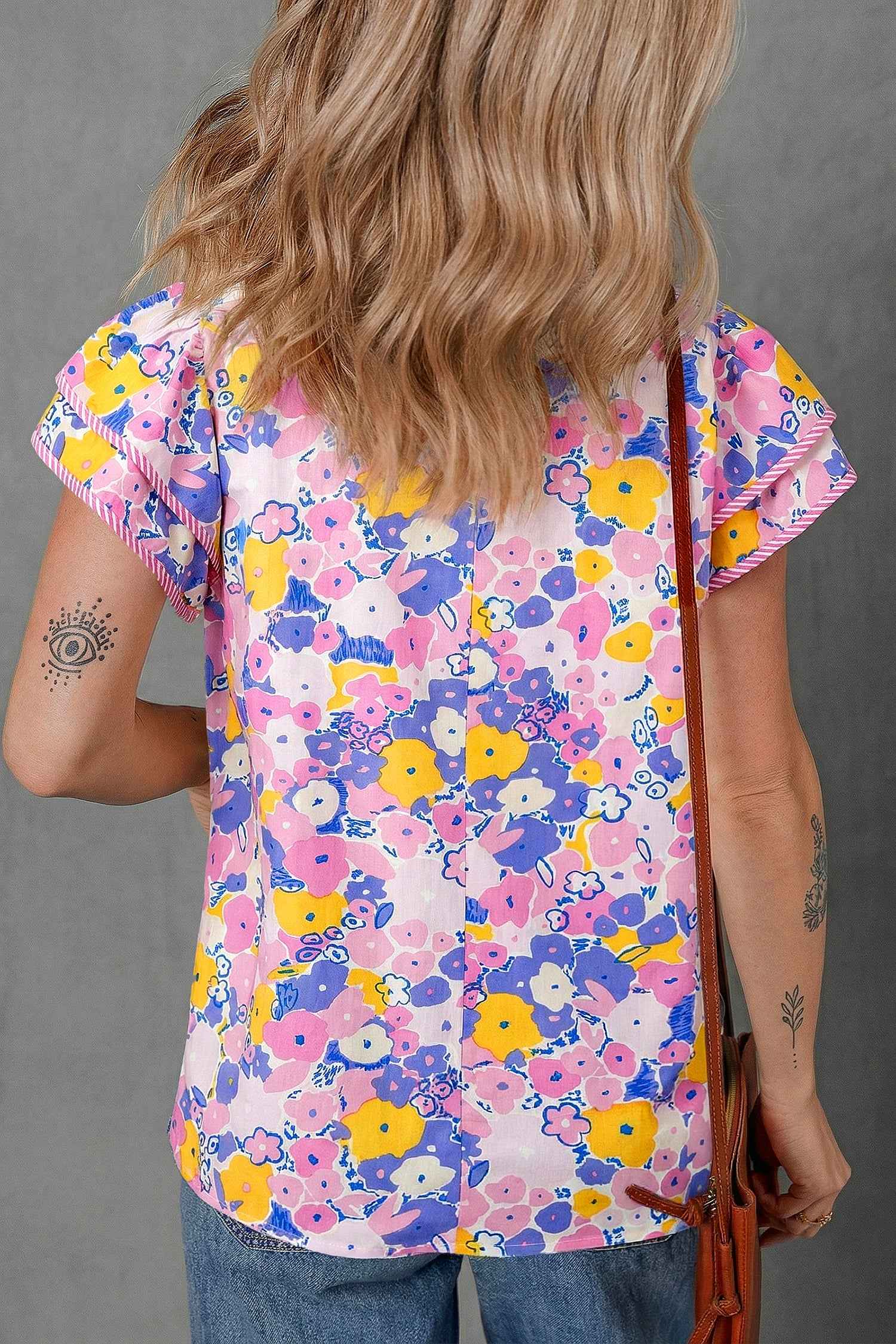 Pink Playful Floral Print Striped Color Block Patchwork V Neck Flutter Sleeve Blouse