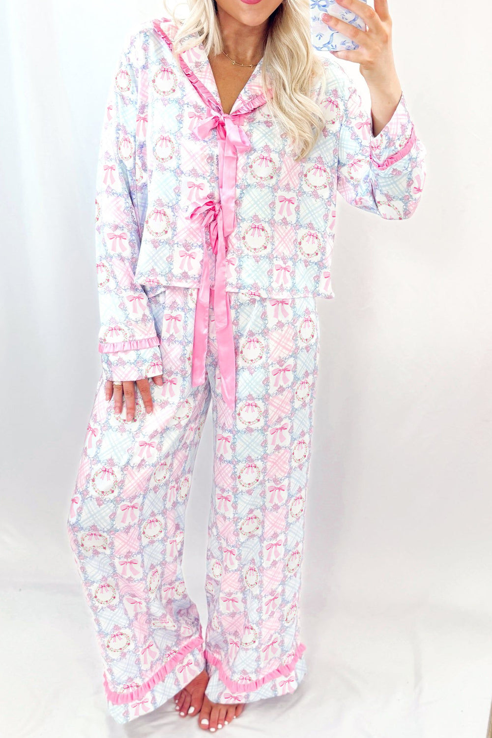 Pink Bow Wreath Pattern Christmas Holiday Tied Front Long Sleeve 2pcs Pajama Set - Snoopy's Closet