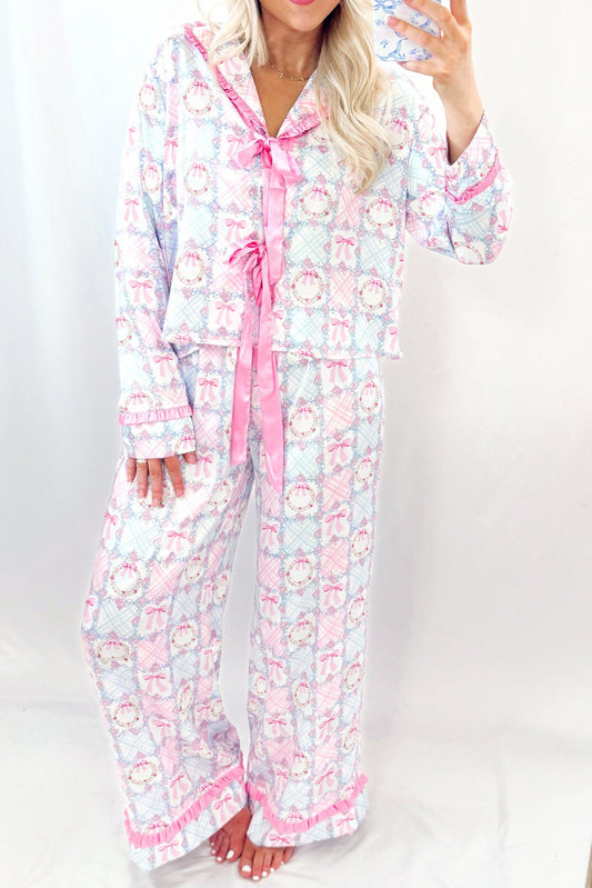 Pink Bow Wreath Pattern Christmas Holiday Tied Front Long Sleeve 2pcs Pajama Set - Snoopy's Closet