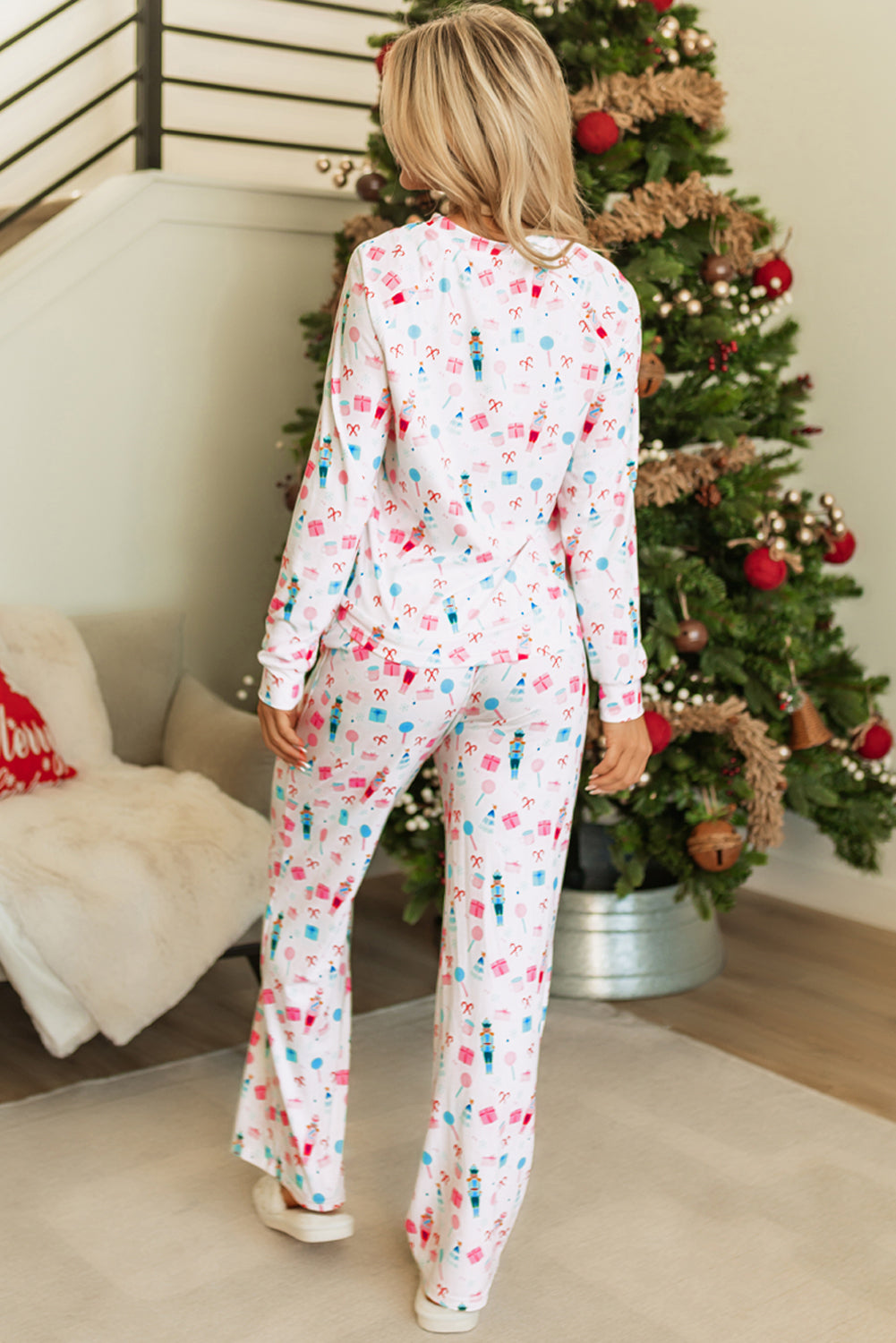 White Christmas Pattern Long Sleeve Top and Wide Leg Pants Set - Snoopy's Closet