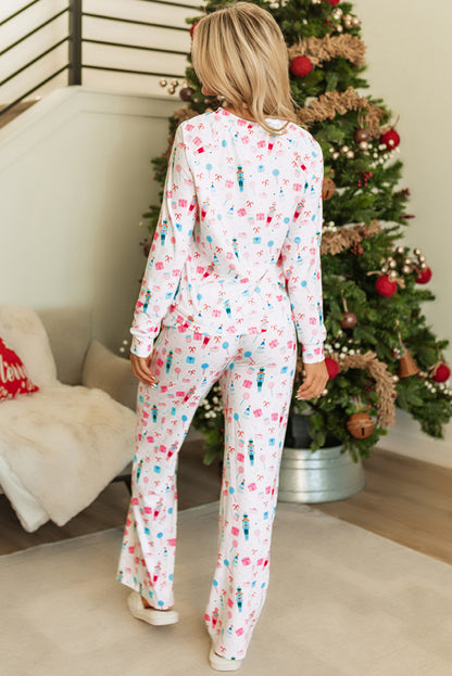 White Christmas Pattern Long Sleeve Top and Wide Leg Pants Set - Snoopy's Closet