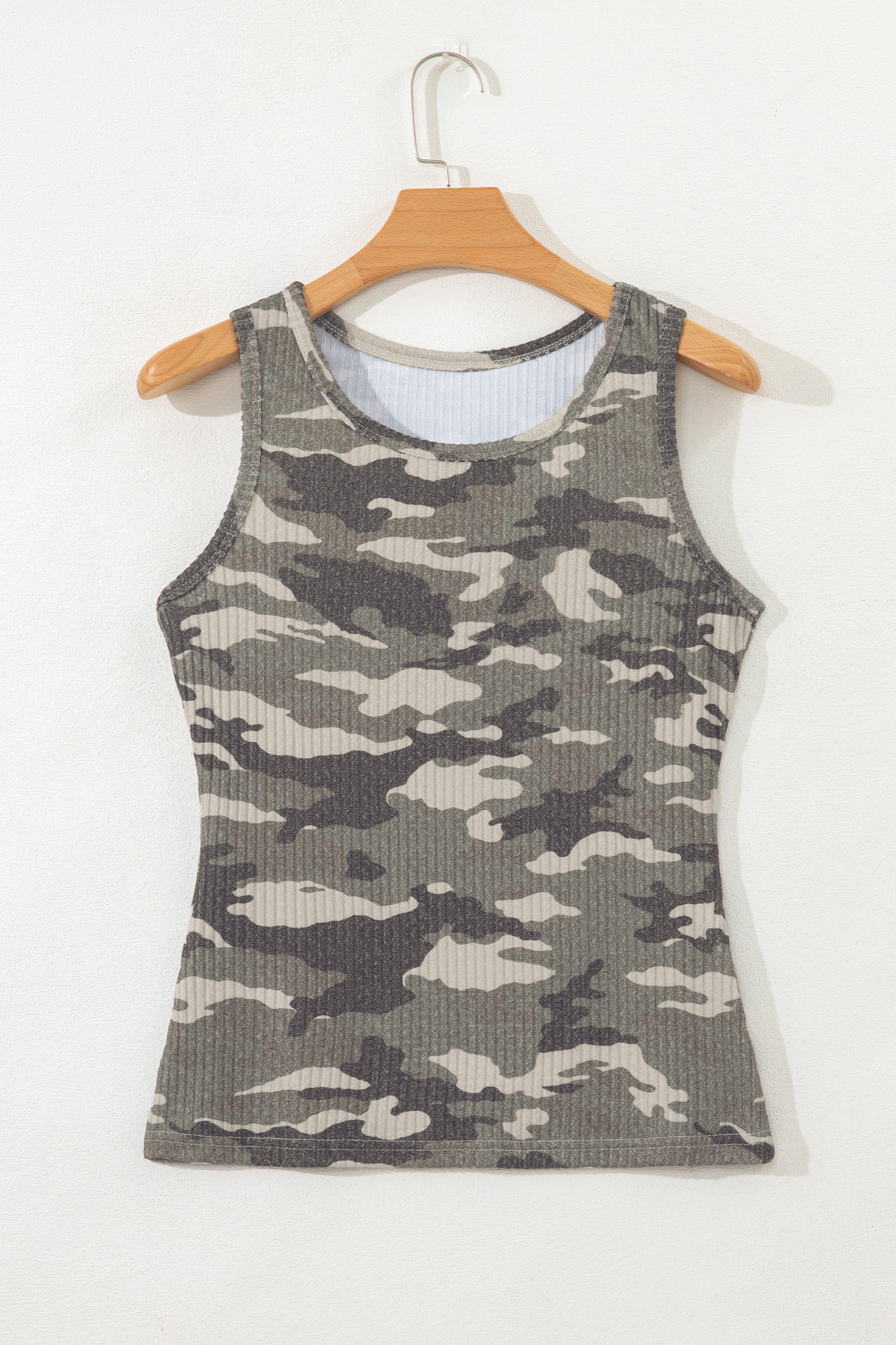 Green Camouflage Print Ribbed Knit Round Neck Tank Top - Snoopy's Closet