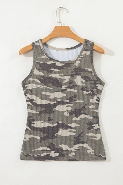 Green Camouflage Print Ribbed Knit Round Neck Tank Top - Snoopy's Closet