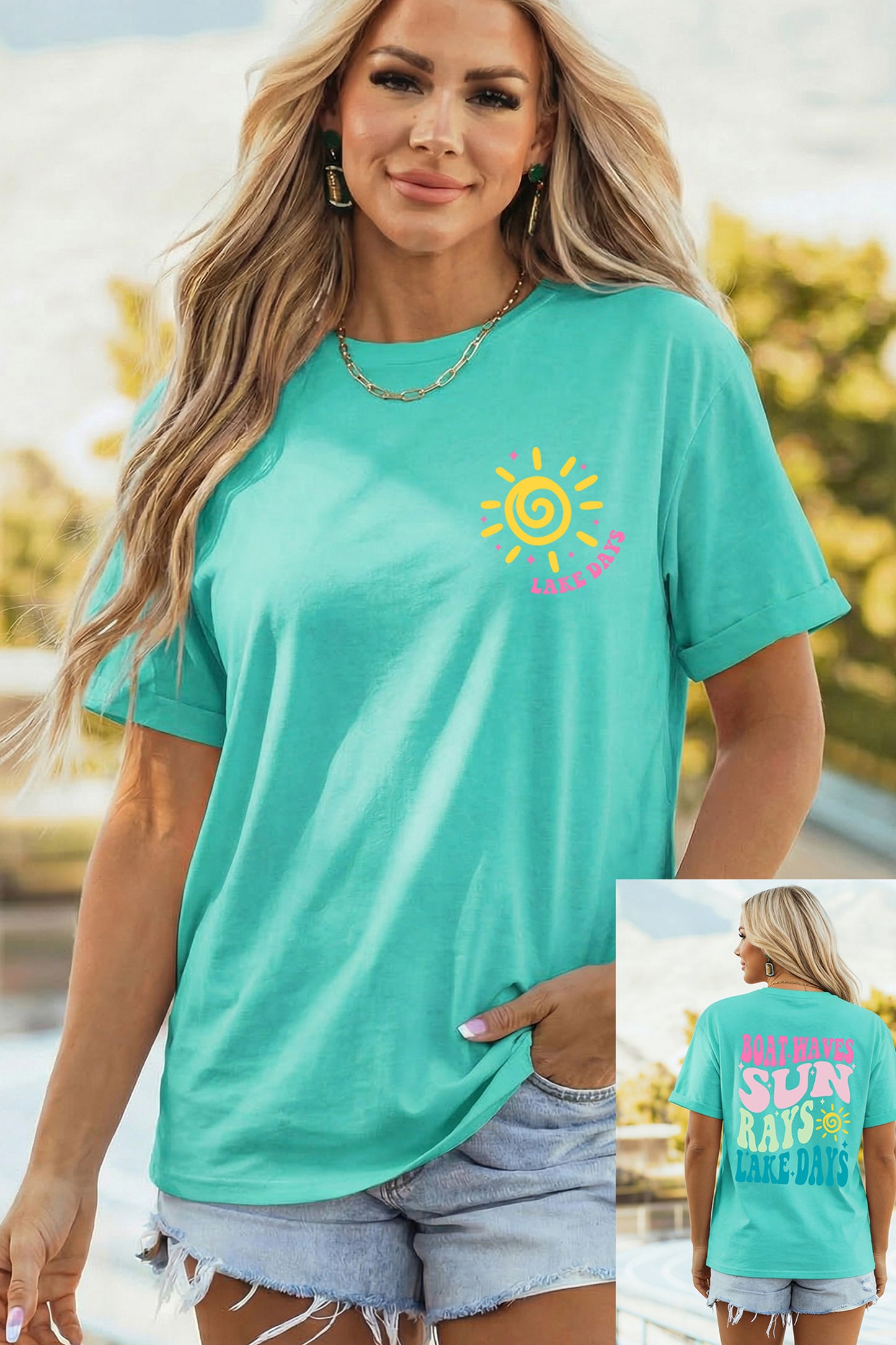 Camiseta de vacaciones estampada a doble cara MINT GREEN LAKE DAYS