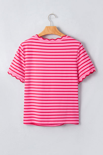 Camiseta de cuello redondo con ribete festoneado de rayas verdes