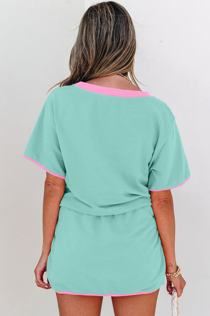 Moonlight Jade Colorblock Edge Drop Shoulder T Shirt and Skort 2Pcs Set